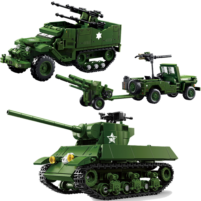 Kids Toys Jeep - ชุดตัวต่อรถถังทหารสหรัฐฯ รุ่น M16Half-Track Vehicle, รถจี๊ป WILLYS,